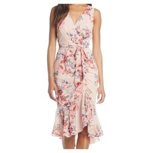 Eliza J Ruched Chiffon High Low Faux Wrap Dress Sleeveless Floral Size 18